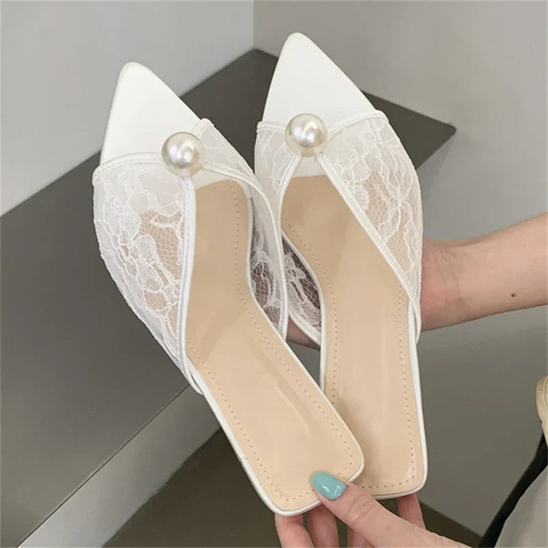 Design Pearl Breathable Mesh Pointed Toe Slippers Elegant Shallow Thin Low Heel
