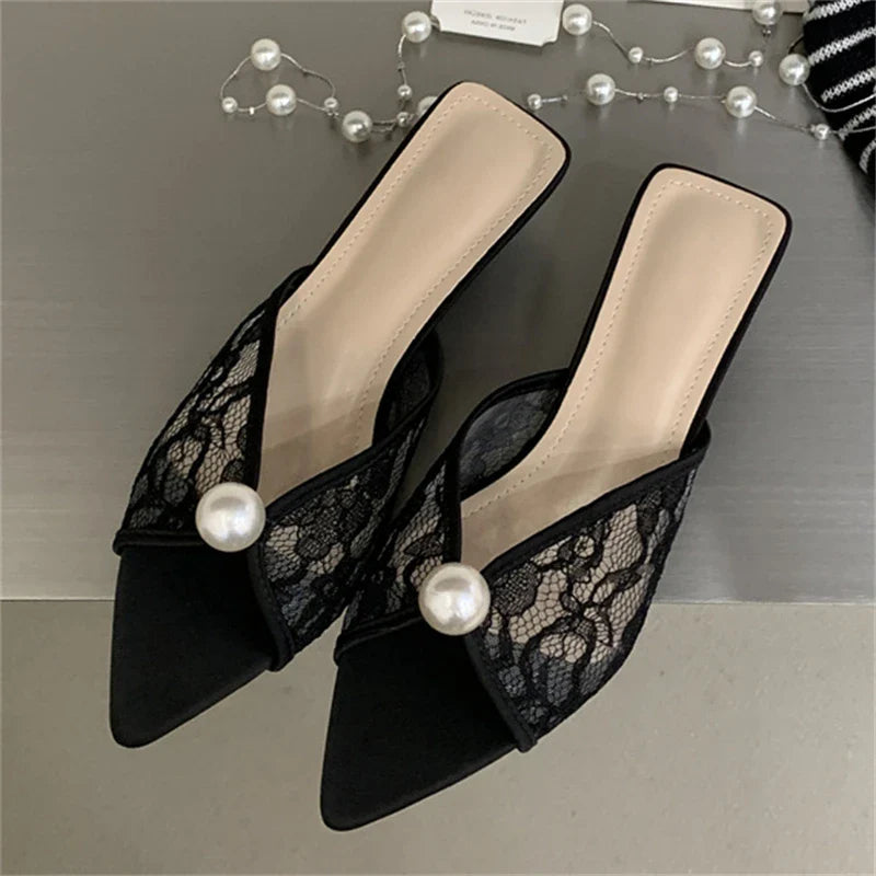 Design Pearl Breathable Mesh Pointed Toe Slippers Elegant Shallow Thin Low Heel