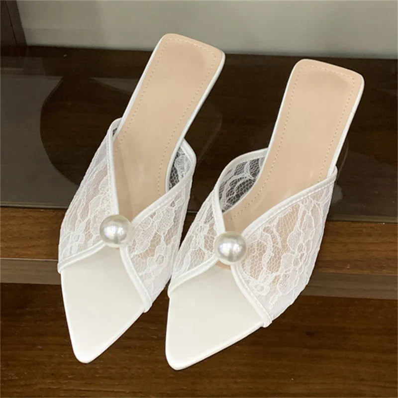 Design Pearl Breathable Mesh Pointed Toe Slippers Elegant Shallow Thin Low Heel