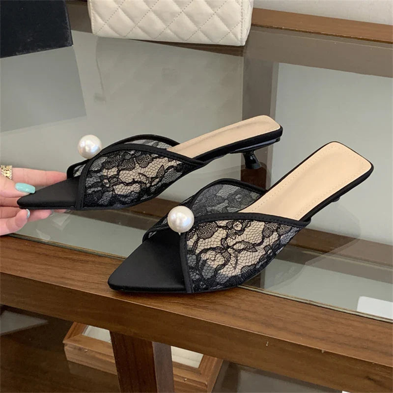 Design Pearl Breathable Mesh Pointed Toe Slippers Elegant Shallow Thin Low Heel