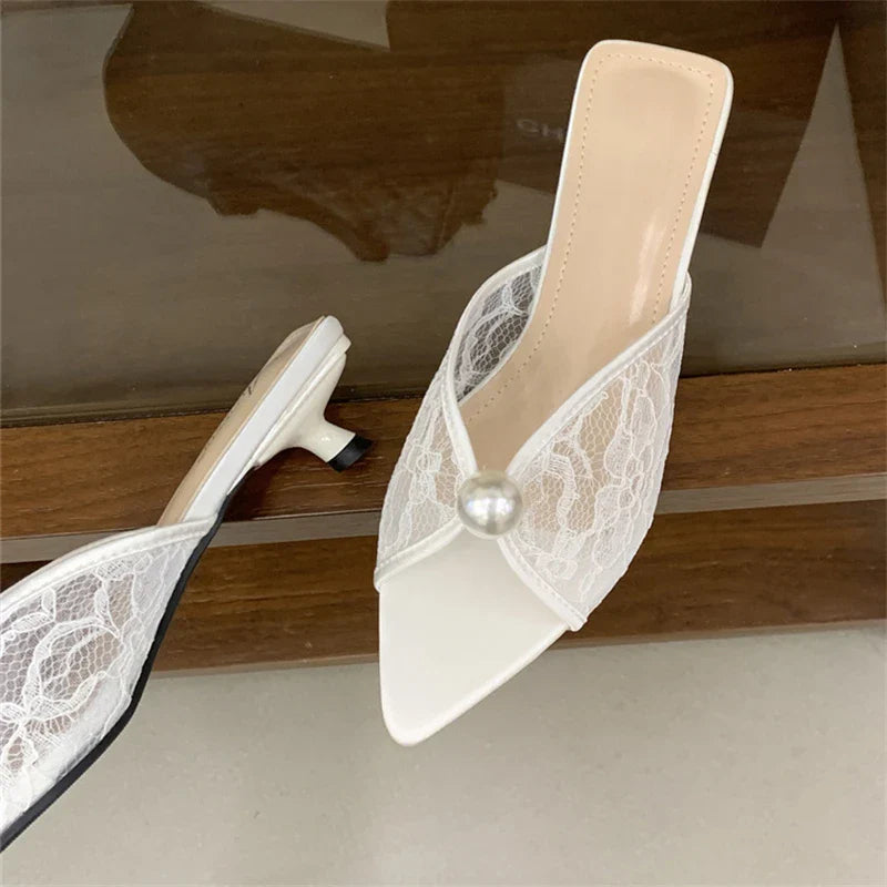 Design Pearl Breathable Mesh Pointed Toe Slippers Elegant Shallow Thin Low Heel