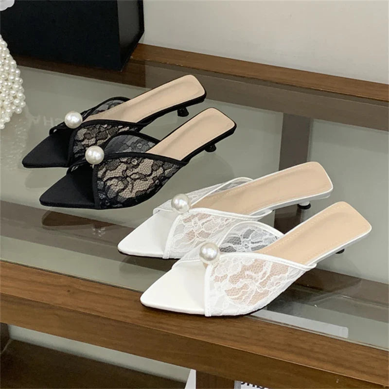 Design Pearl Breathable Mesh Pointed Toe Slippers Elegant Shallow Thin Low Heel