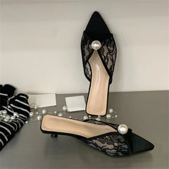 Design Pearl Breathable Mesh Pointed Toe Slippers Elegant Shallow Thin Low Heel
