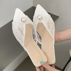 Design Pearl Breathable Mesh Pointed Toe Slippers Elegant Shallow Thin Low Heel