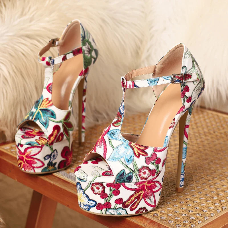 Design Totem Embroidery Platform Sandals Stiletto High Heel