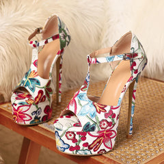Design Totem Embroidery Platform Sandals Stiletto High Heel