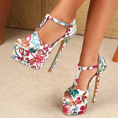 Design Totem Embroidery Platform Sandals Stiletto High Heel