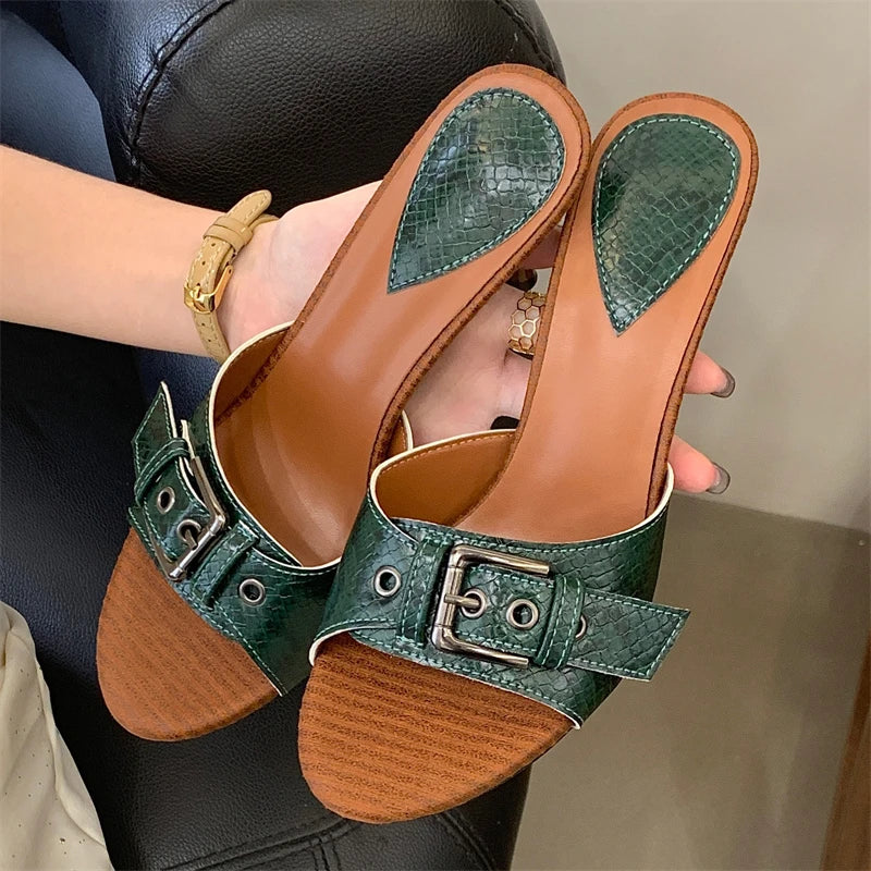 Buckle Strap Slippers Thin High Heel