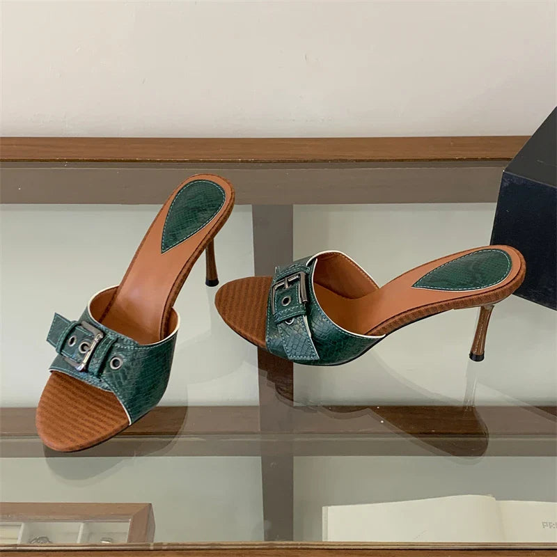 Buckle Strap Slippers Thin High Heel