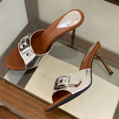 Buckle Strap Slippers Thin High Heel