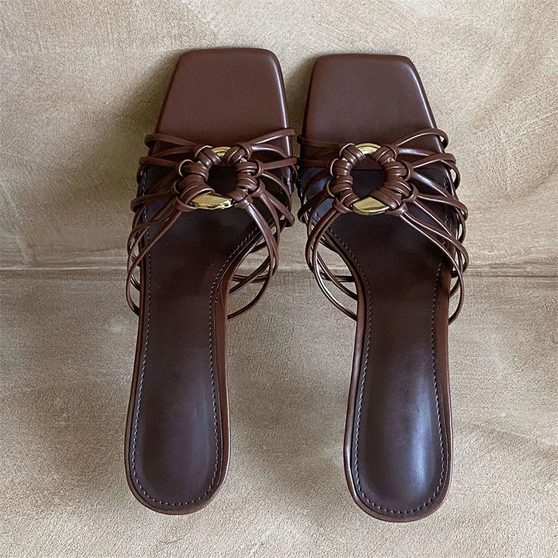 Metal Decoration Narrow Band Slippers Square Toe Thin Heel