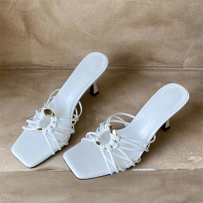 Metal Decoration Narrow Band Slippers Square Toe Thin Heel