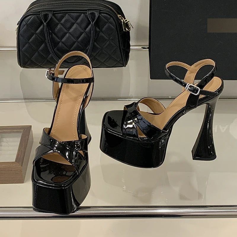 Patent Leather Sandals Platform Square Toe Buckle Strap Shoes