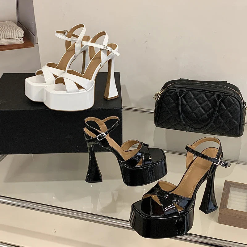 Patent Leather Sandals Platform Square Toe Buckle Strap Shoes