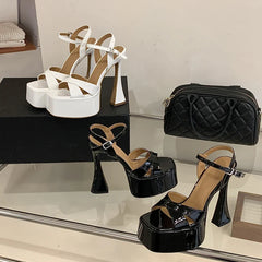 Patent Leather Sandals Platform Square Toe Buckle Strap Shoes