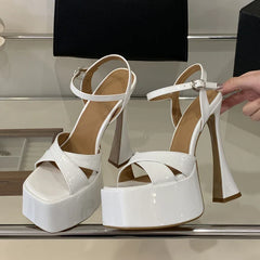 Patent Leather Sandals Platform Square Toe Buckle Strap Shoes