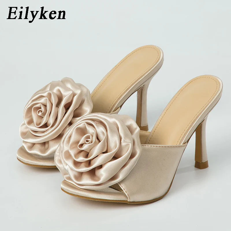 Satin Flowers Slippers Design Mules Slides Shoes