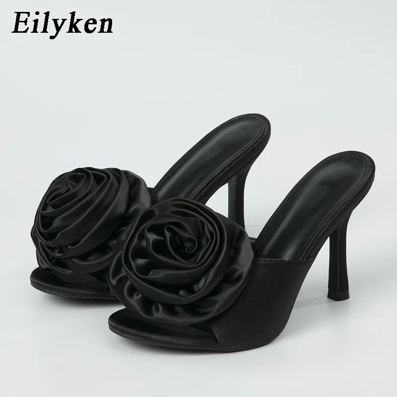Satin Flowers Slippers Design Mules Slides Shoes