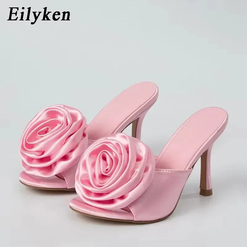Satin Flowers Slippers Design Mules Slides Shoes