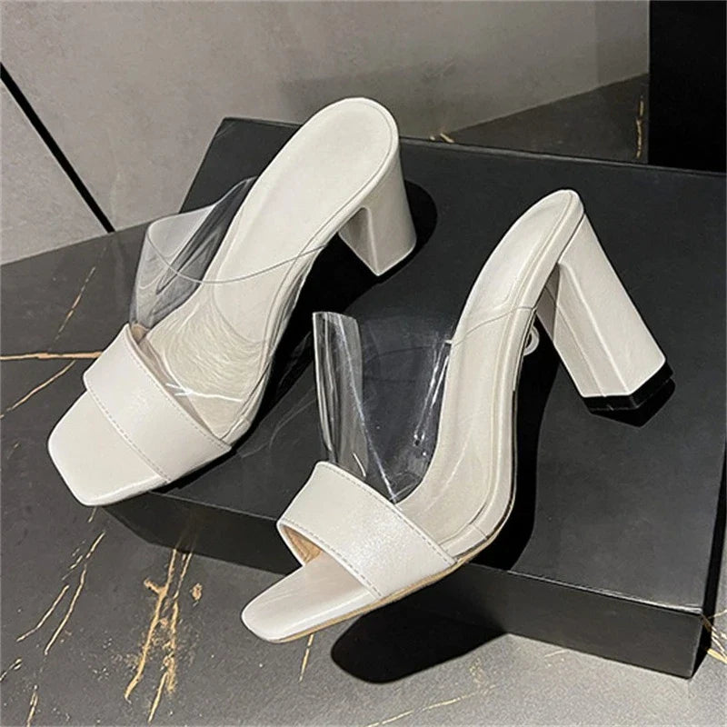Splicing PVC Transparent Open Toe Slippers Square High Heel