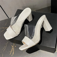 Splicing PVC Transparent Open Toe Slippers Square High Heel