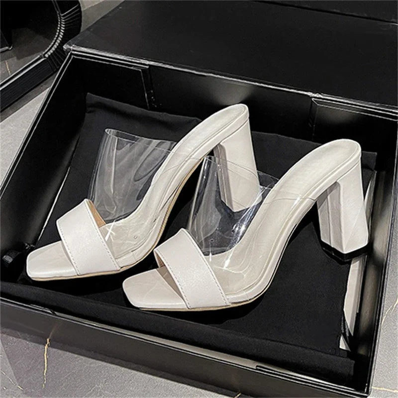 Splicing PVC Transparent Open Toe Slippers Square High Heel