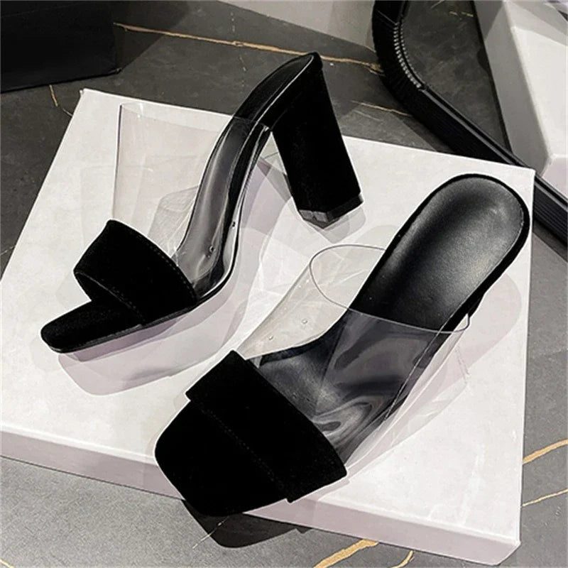 Splicing PVC Transparent Open Toe Slippers Square High Heel