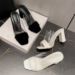 Splicing PVC Transparent Open Toe Slippers Square High Heel