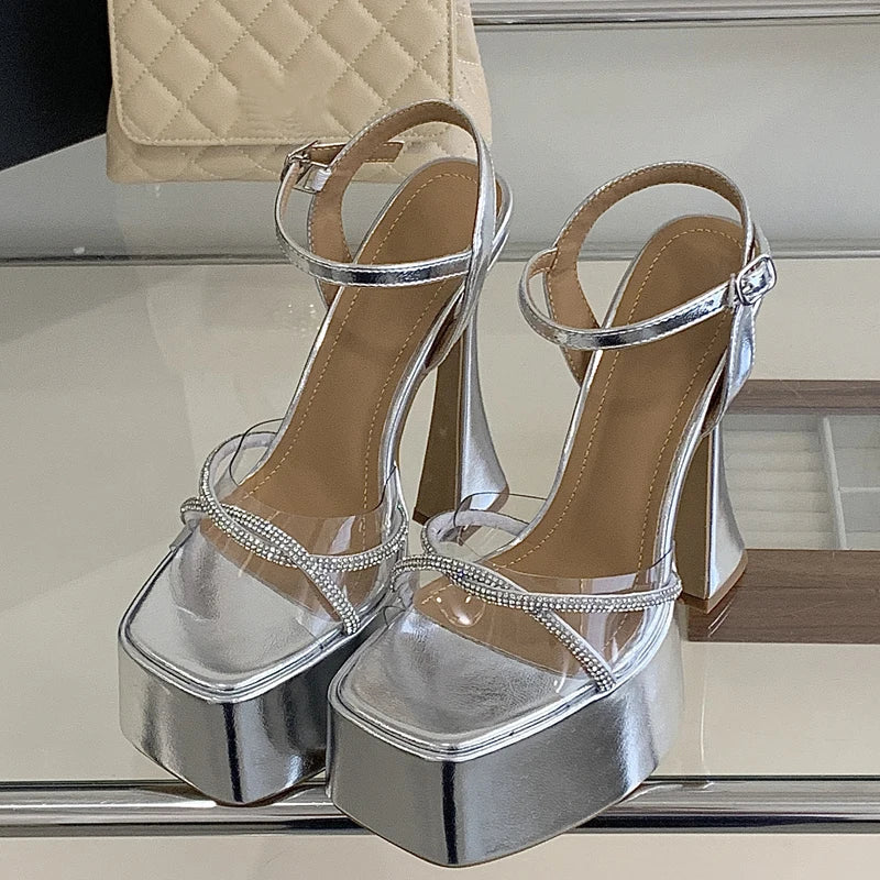 Square Toe Crystal PVC Transparent Sandals High Heel
