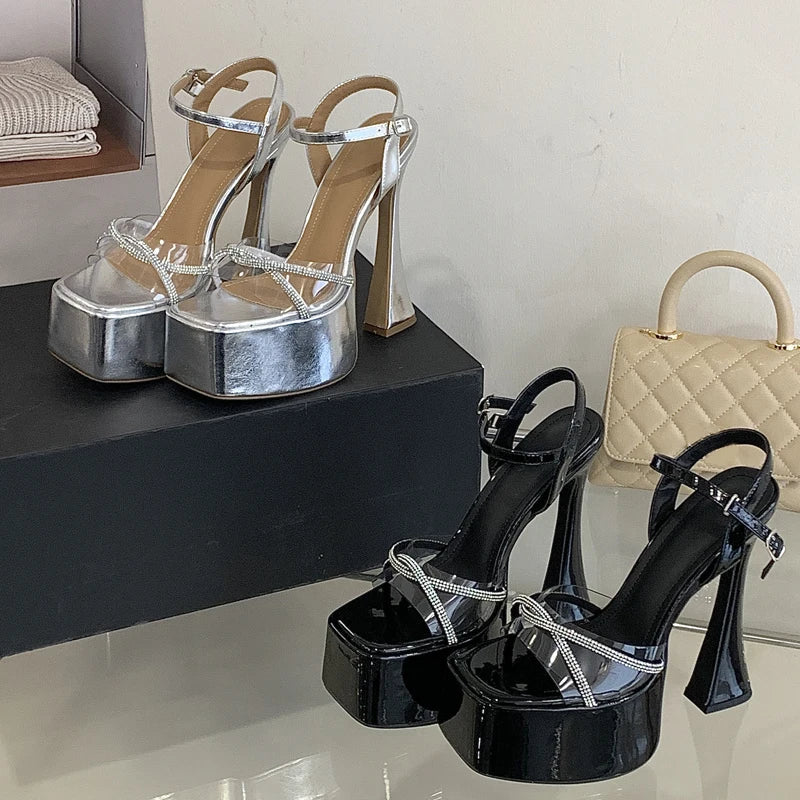 Square Toe Crystal PVC Transparent Sandals High Heel