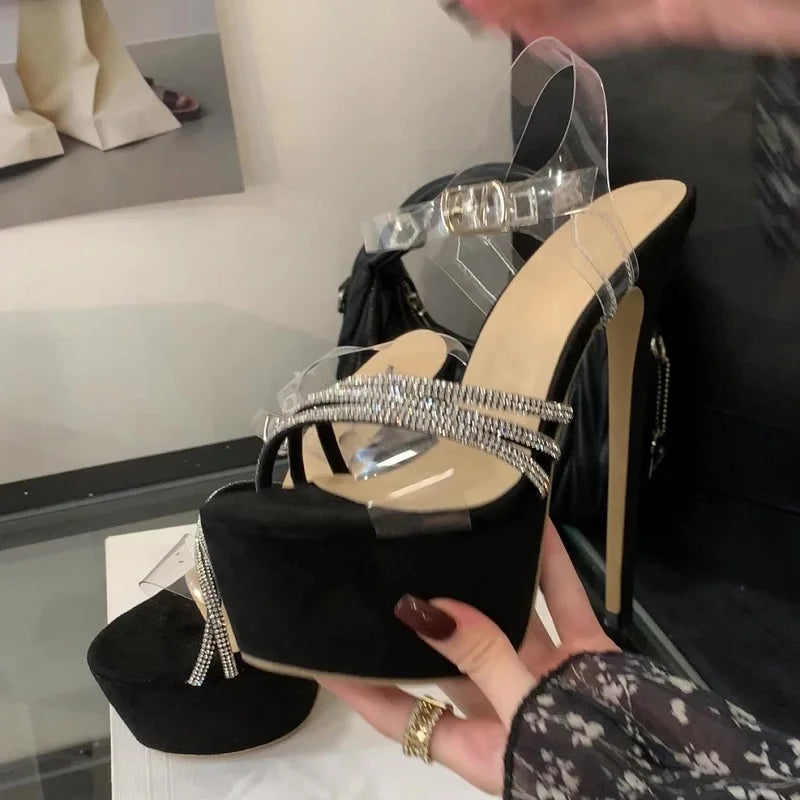 PVC Transparent CRYSTAL Buckle Strap Sandals Street Style Ultra Stiletto High Heel