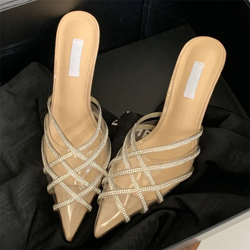 PVC Transparent Crystal Pointed Toe Slippers Pumps Mule Shoes