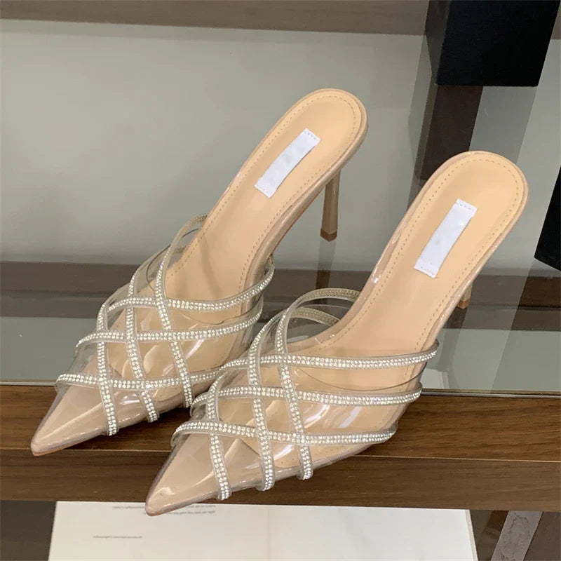PVC Transparent Crystal Pointed Toe Slippers Pumps Mule Shoes
