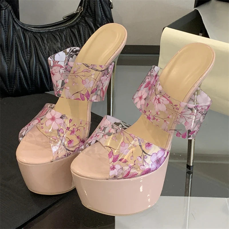 PVC Transparent Platform Open Toe Slippers Flower Stiletto High Heel