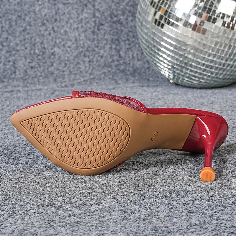 Sequin Fabric Mesh Hollow Out Pointed Toe Slippers Elegant Thin High Heel