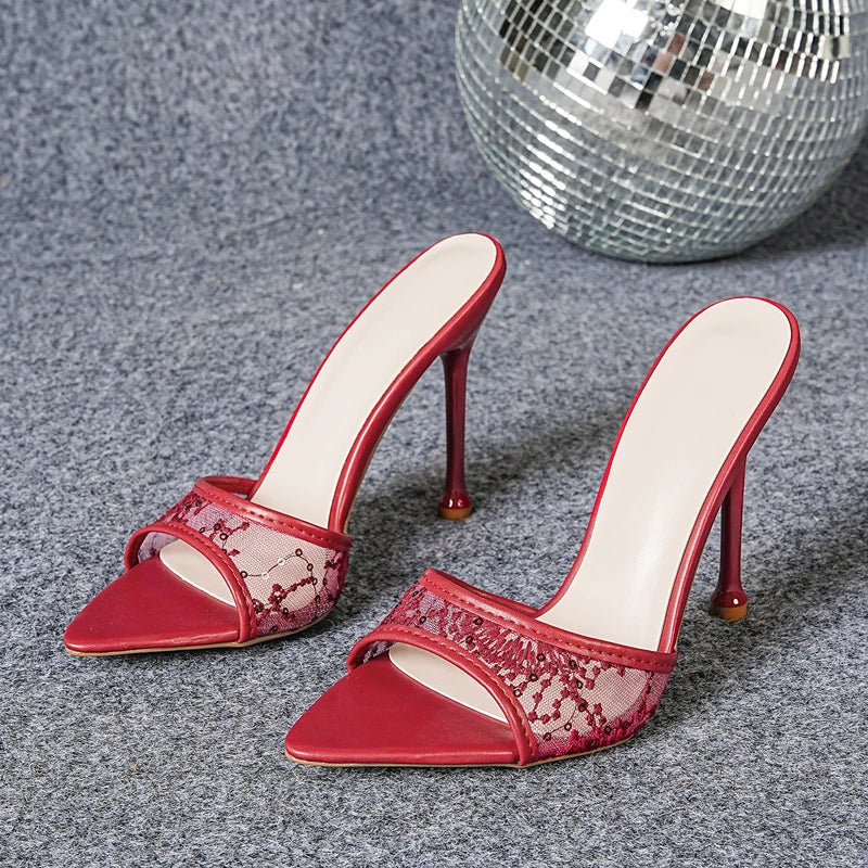 Sequin Fabric Mesh Hollow Out Pointed Toe Slippers Elegant Thin High Heel