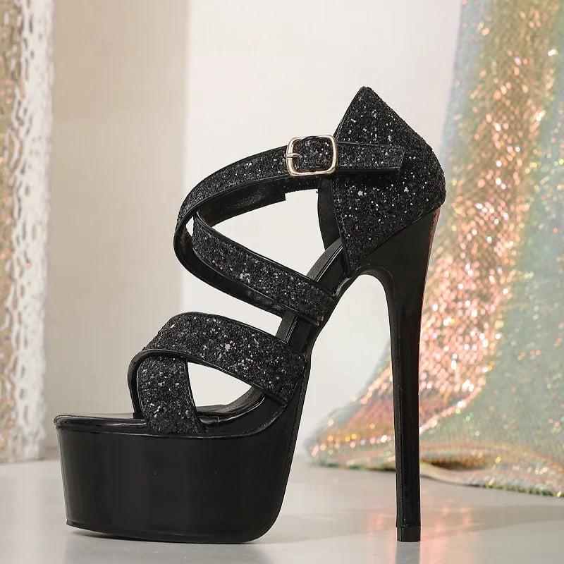 Bling Sequin Fabric Sandals Street Style Super Stiletto High Heel