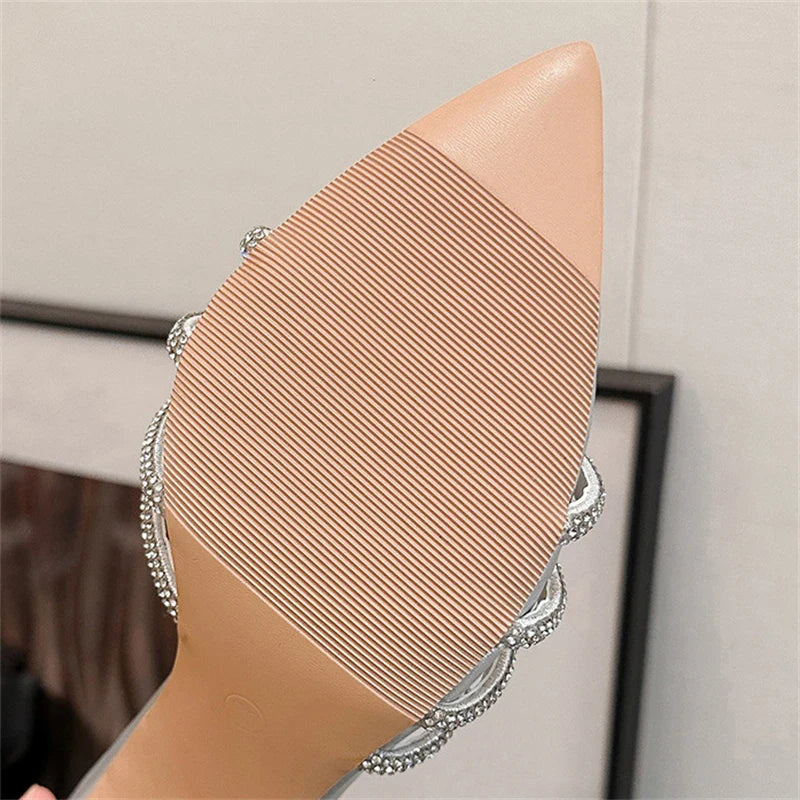 Design Hollow Out Crystal Slippers Street Style Thin High Heel