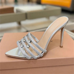 Design Hollow Out Crystal Slippers Street Style Thin High Heel