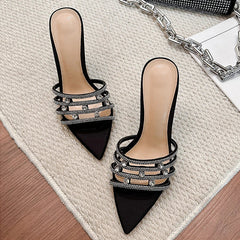 Design Hollow Out Crystal Slippers Street Style Thin High Heel