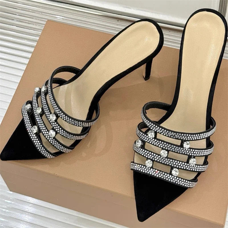 Design Hollow Out Crystal Slippers Street Style Thin High Heel