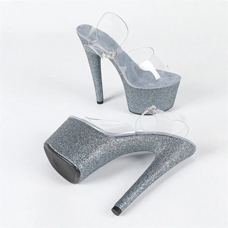 Design Sequin Cloth PVC Transparent Buckle Strap Sandals Thin High Heel