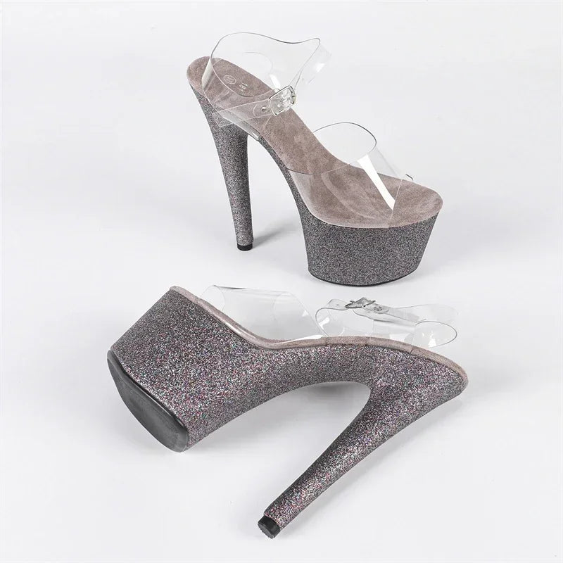 Design Sequin Cloth PVC Transparent Buckle Strap Sandals Thin High Heel