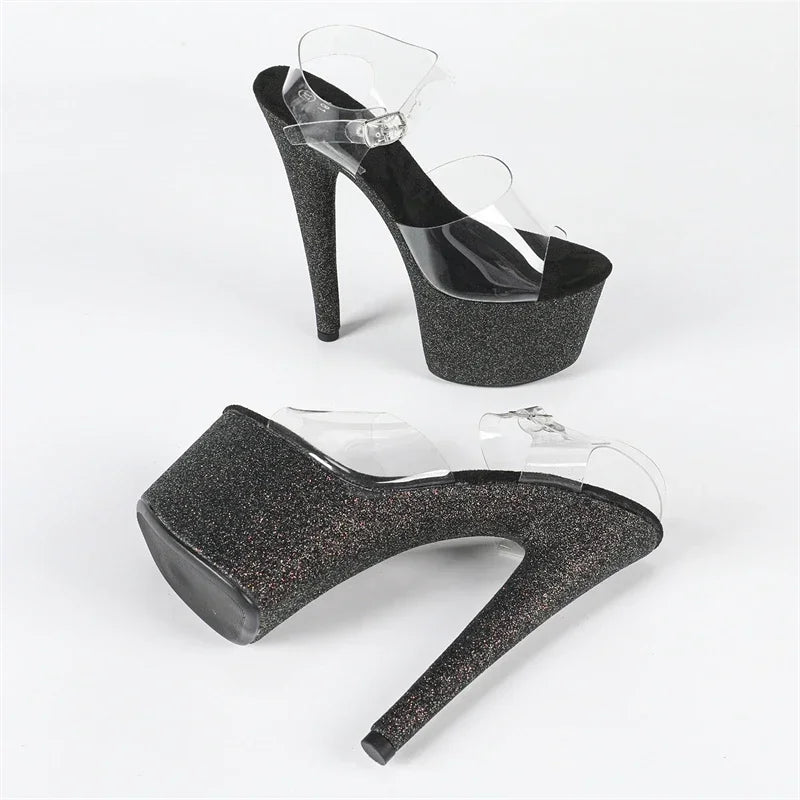 Design Sequin Cloth PVC Transparent Buckle Strap Sandals Thin High Heel