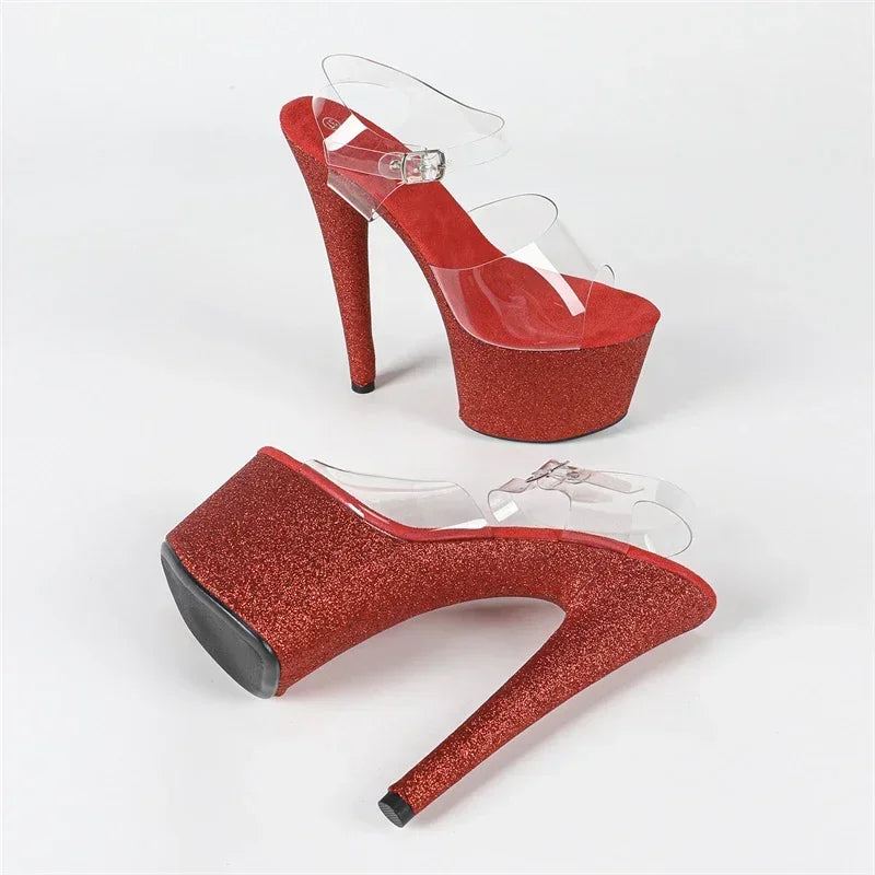 Design Sequin Cloth PVC Transparent Buckle Strap Sandals Thin High Heel