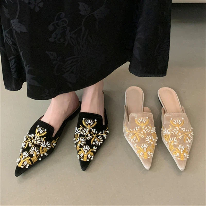 Spring String Bead Embroidery Pointed Toe Slippers Low Heel