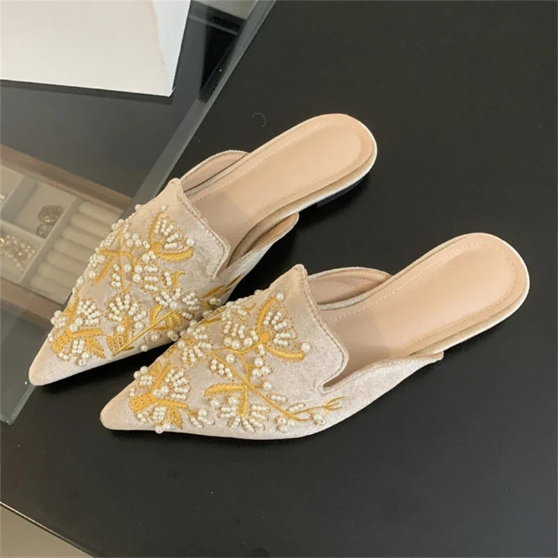 Spring String Bead Embroidery Pointed Toe Slippers Low Heel
