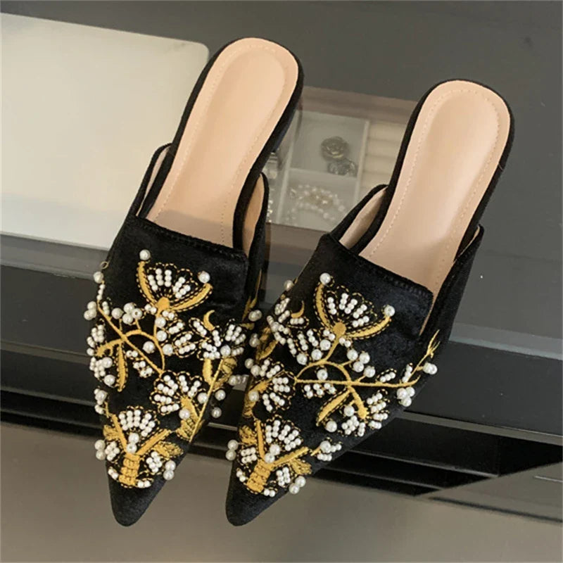 Spring String Bead Embroidery Pointed Toe Slippers Low Heel