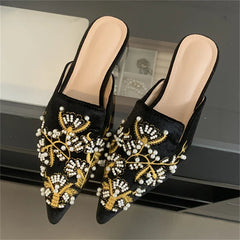 Spring String Bead Embroidery Pointed Toe Slippers Low Heel