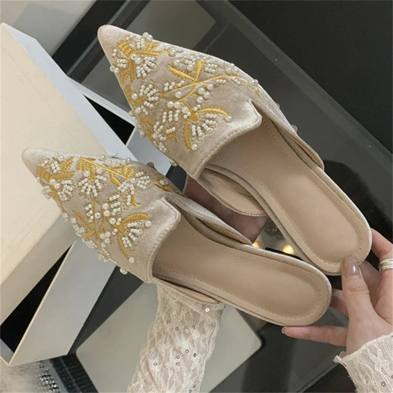 Spring String Bead Embroidery Pointed Toe Slippers Low Heel